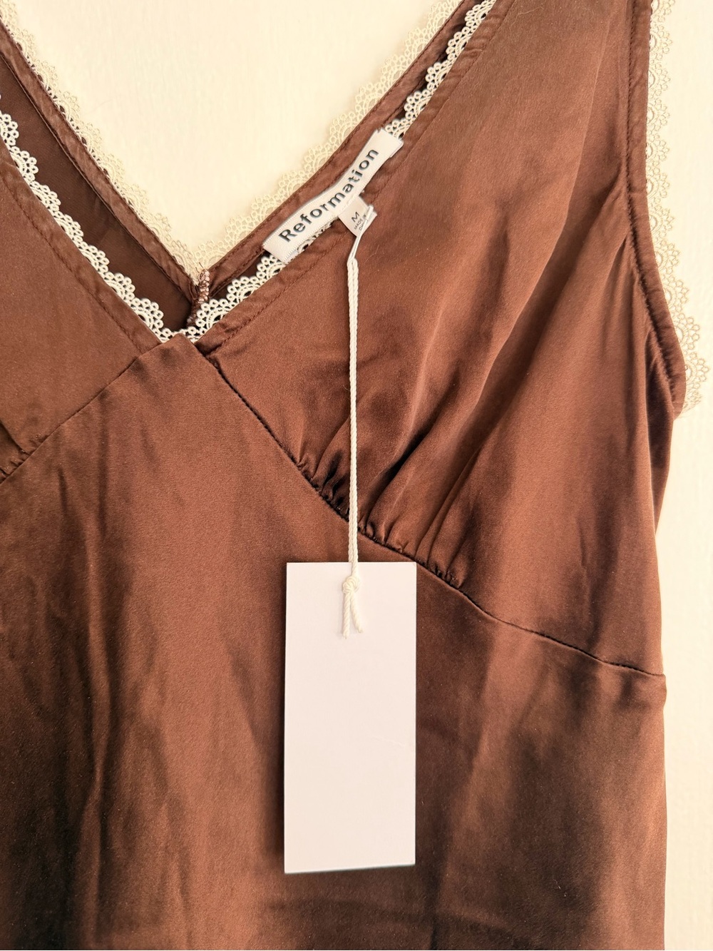 Reformation Keaton Brown Silk Slip Dress with Cream Trim - Picture 5 of 5